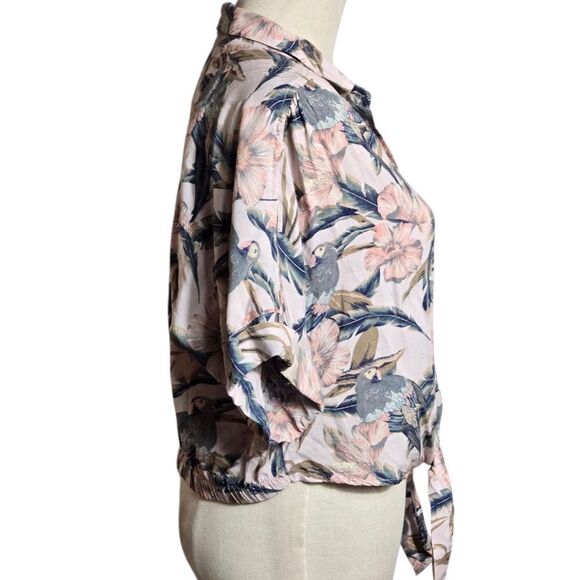 American Eagle Outfitters Women's Floral Ttropical Tie-Front Top - Pink and Blue - Picture 3 of 7
